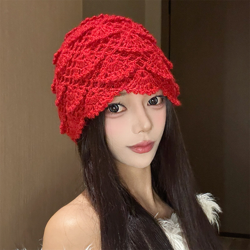 手工钩花针织花边包头帽女冬季双层加厚保暖大头围毛线套头帽冷帽