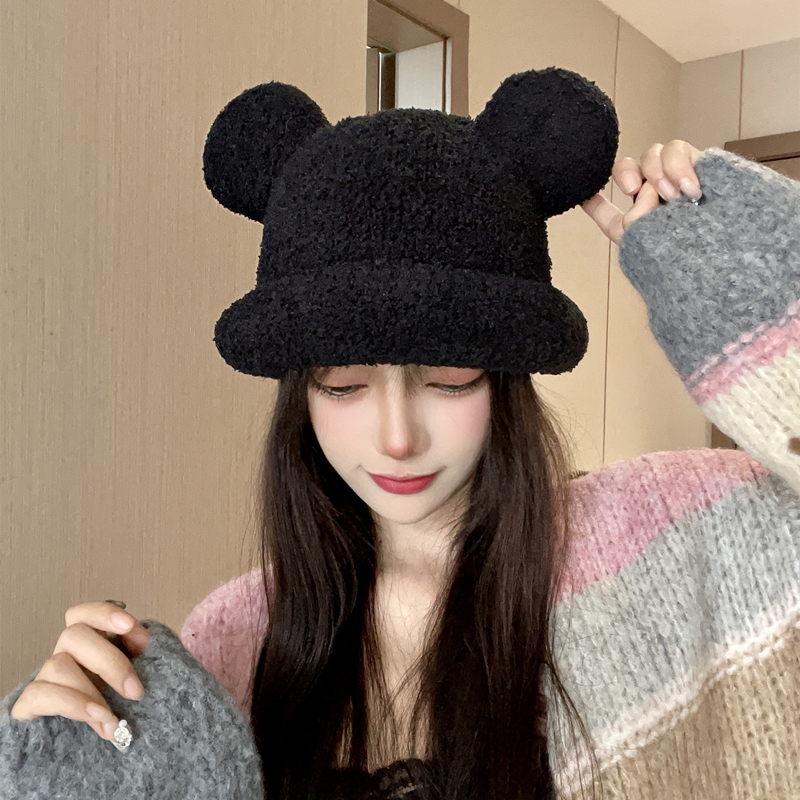 毛绒小熊帽大头围护耳毛线渔夫帽