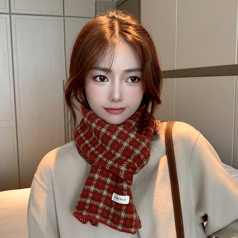 韩系毛线小围巾女秋冬季红色格子2025新款高级感保暖针织圣诞围脖