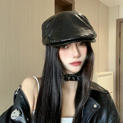 皮质前进帽个性小众黑色报童帽
