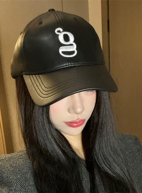 字母棒球帽女新款秋冬保暖复古硬顶鸭舌帽子大头围韩版百搭PU皮质