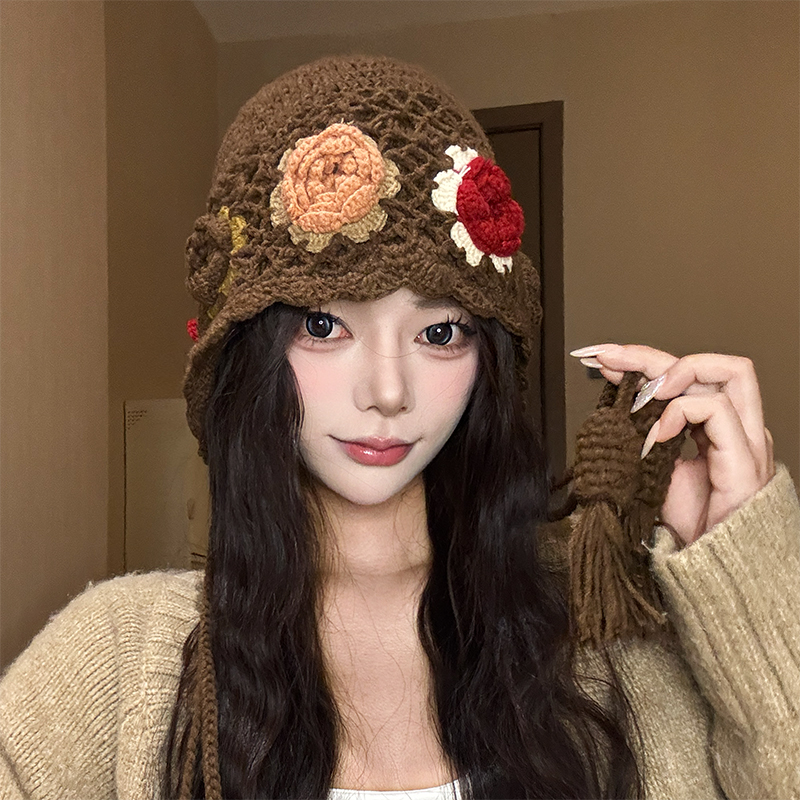 复古花朵针织毛线帽秋冬保暖