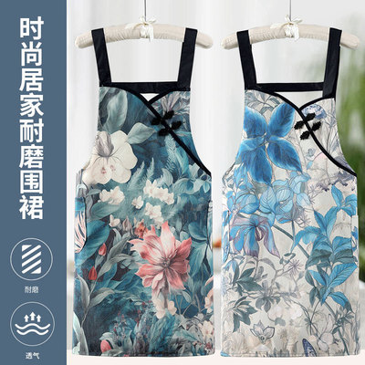 中国风旗袍式围裙肩带款透气耐磨耐脏家用厨房防水防油中式围裙