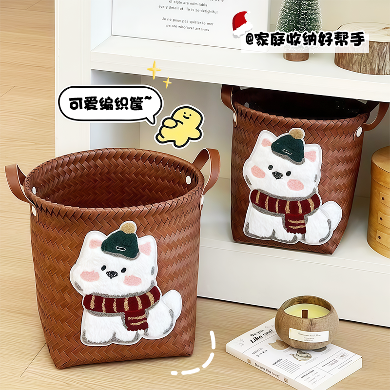 可爱长毛小狗加大收纳筐脏衣篮复古仿藤编衣篓杂物零食玩具收纳筐