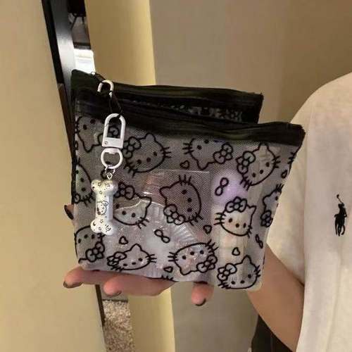透明网纱kitty补妆包便携外出化妆包收纳旅行实用零钱包耳机包