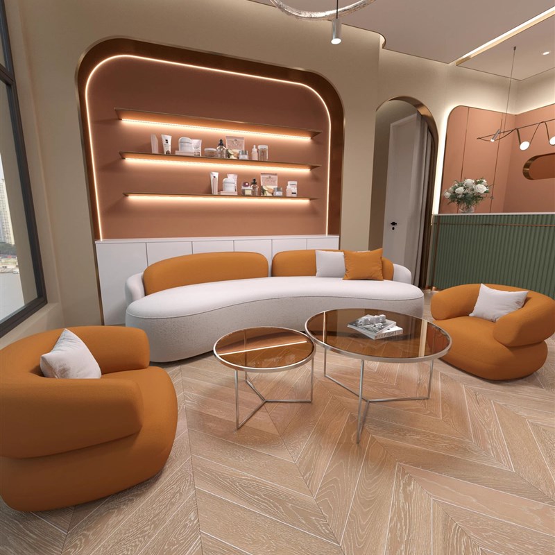 美容院沙发弧形休息区接待轻奢办公室会客区民宿服装店沙发科技布