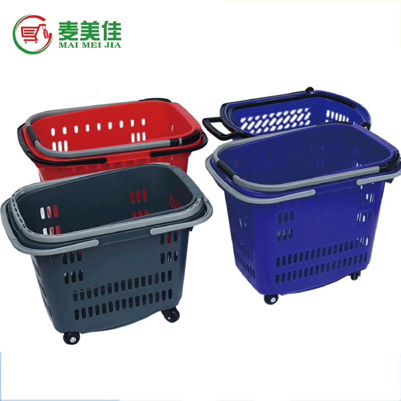 供应铝合金拉杆篮 加厚塑料购物篮 铝合金带轮手提篮