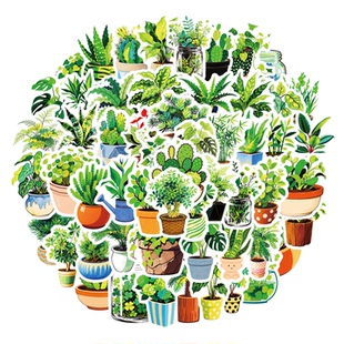 56张绿色小清新植物盆栽贴纸养眼创意贴画装饰水杯平板文具衣柜贴