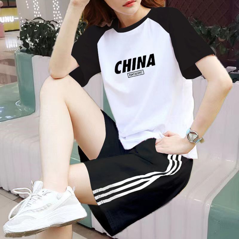 纯棉休闲运动服套装女学生夏季新款大码韩版宽松短袖短裤两件套潮