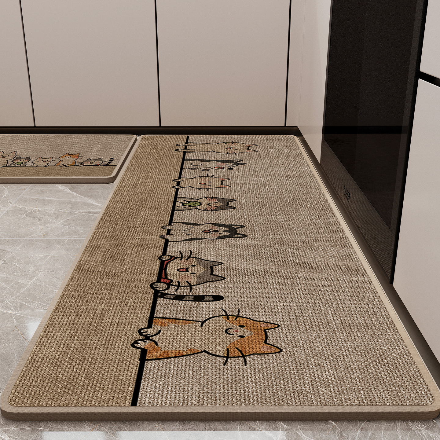 可爱猫咪亚麻编制厨房地垫吸水油