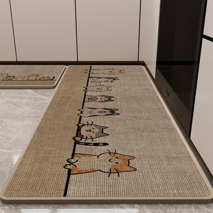 可爱猫咪亚麻编制厨房地垫吸水吸油防滑家用耐脏耐磨长条脚垫定制