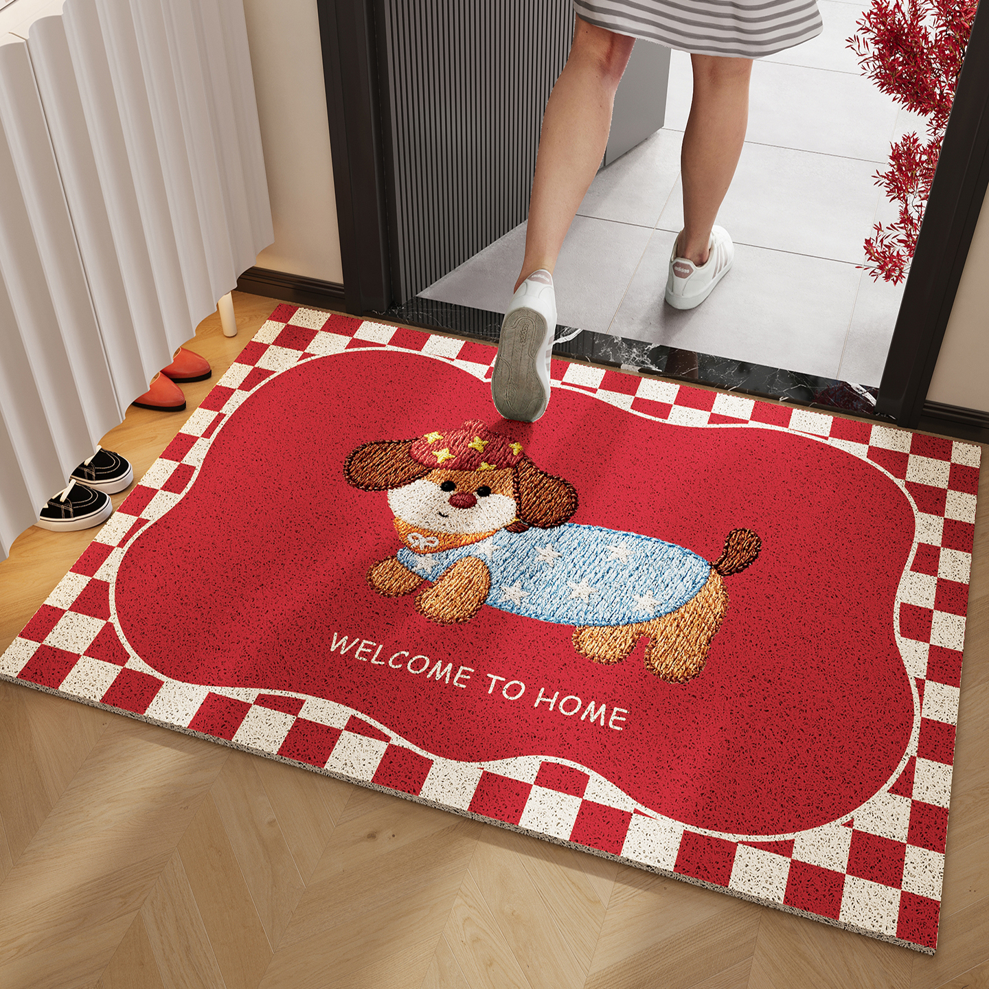 红色喜庆入户门地垫丝圈卡通pvc
