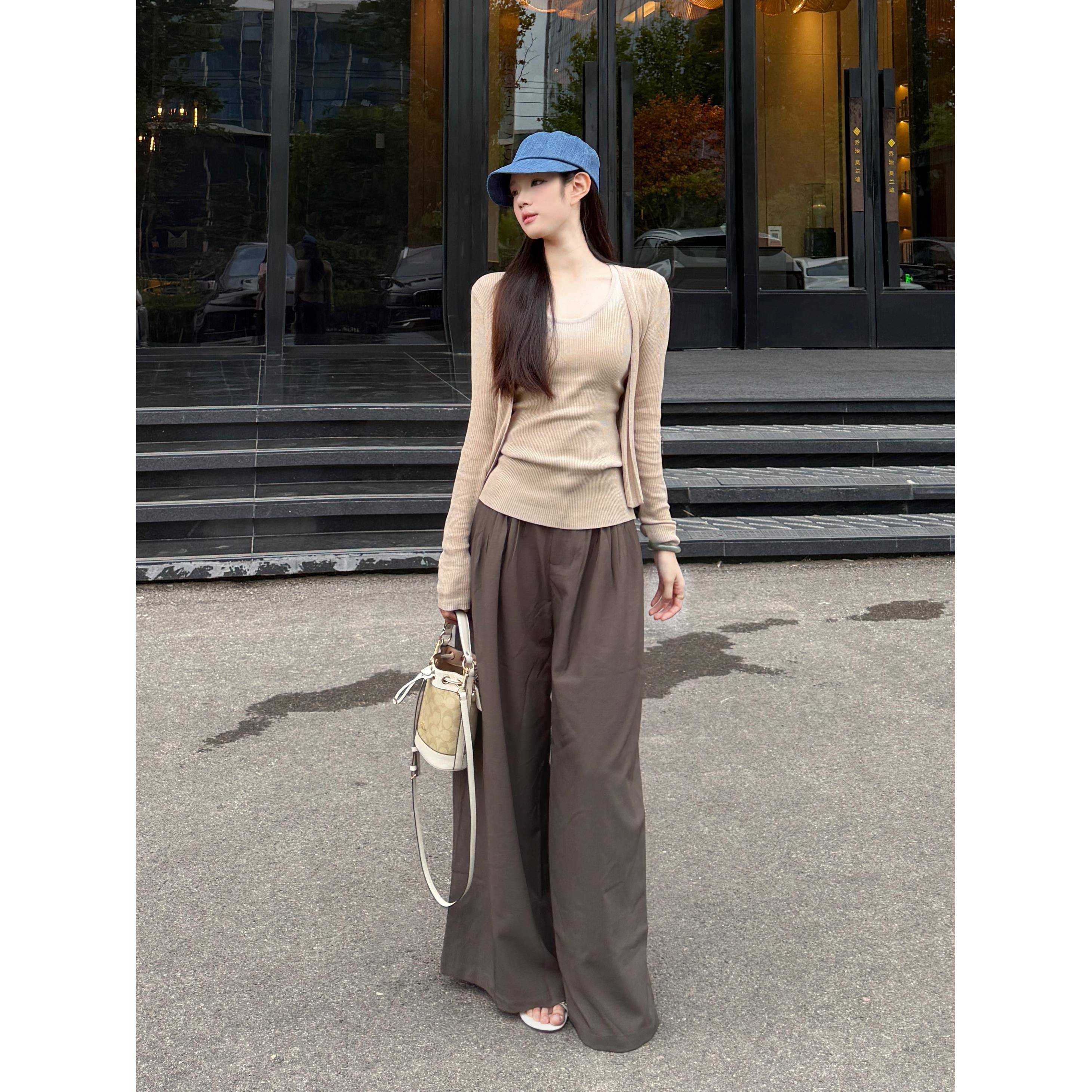 AWMUMU老钱风休闲长裤女秋季新款宽松垂感高腰设计感压褶阔腿裤女