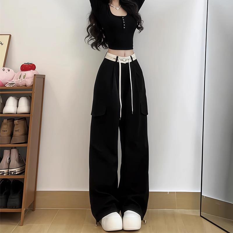 黑色工装裤女夏季新款大码胖mm高腰宽松显瘦梨形身材休闲阔腿长裤