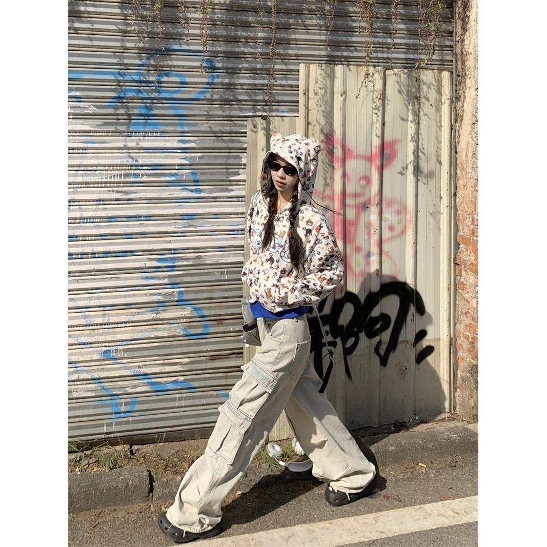 195大喜 美式复古满印短款连帽卫衣外套女秋季宽松休闲开衫上衣潮