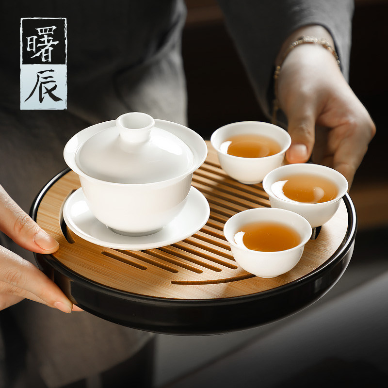 白瓷茶具三才盖碗茶杯家用潮汕泡茶小型套装单个陶瓷功夫茶具茶盘