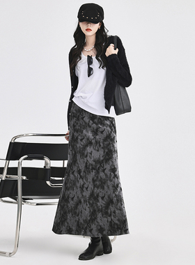 KRO黑色复古扎染半身裙女松紧腰A字包臀裙早春新款百搭长裙子
