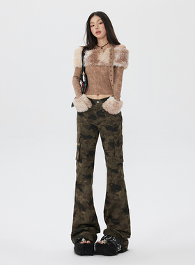 KRO美式辣妹复古迷彩工装牛仔裤女春季新款高腰显瘦直筒微辣裤