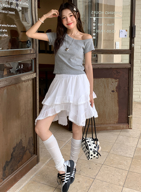 KRO韩版不规则蕾丝边拼接半身裙女夏季新款设计感蛋糕裙短裙