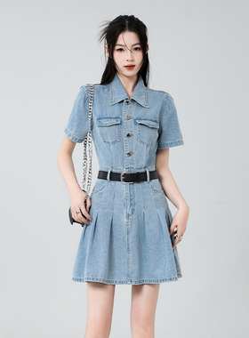 KRO春夏复古牛仔连衣裙女休闲收腰显瘦时尚复古港风A字百褶半身裙
