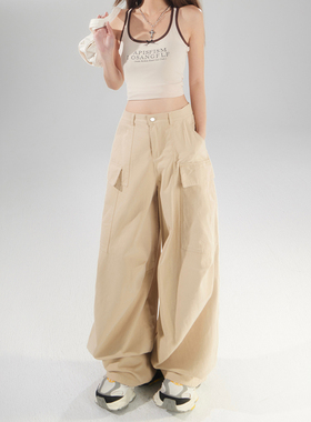 KRO美式复古高腰宽松阔腿裤百搭 工装撻春夏直筒休闲裤女长裤加长