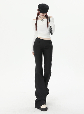 KRO黑色复古低腰休闲西装裤女2025新款设计感显瘦百搭微喇叭长裤