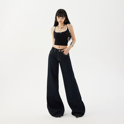 KRO美式辣妹低腰微喇牛仔裤女新款深蓝色显瘦垂感休闲马蹄喇叭裤