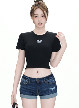KRO美式辣妹蝴蝶正肩短袖T恤女2024夏季新款黑色修身显瘦短款上衣