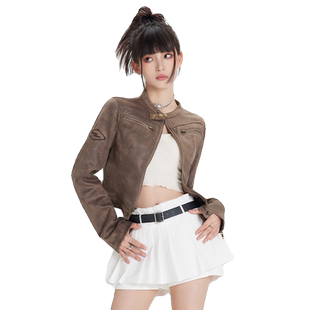 KRO美式复古棕色机车夹克外套女2026新款麂皮绒修身百搭短款皮衣
