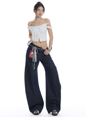 KRO木耳边双腰头美式辣妹宽松弯刀裤设计水洗百搭显瘦牛仔