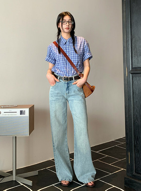 KRO夏季2025年新款复古高腰压皱工艺水洗蓝高腰直筒拖地牛仔裤女