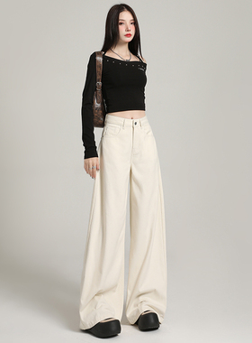 KRO美式高街复古阔腿裤软牛仔2024早秋新款白色百搭垂感拖地裤