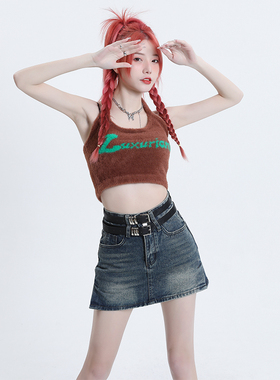 KRO辣妹牛仔短裤裙2023新款时尚双腰带扣小开叉百搭显瘦半身短裙