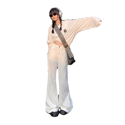 KRO美式高街复古宽松阔腿裤2024新款高腰百搭喇叭牛仔裤女