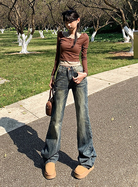 KRO美式复古怀旧宽松高腰喇叭裤百搭显瘦垂感休闲直筒牛仔裤女