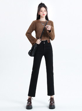 KRO黑色直筒宽松高腰牛仔裤女2024新款小个子修身显瘦九分烟管裤