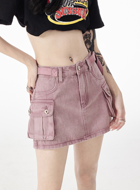 KRO高腰复古工装牛仔短裙2023夏季新款百搭泫雅风设计感辣妹A字裙