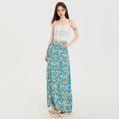 套装 KRO夏日度假风蓝色碎花绑带半身长裙女抽褶修身 抹胸上衣时尚