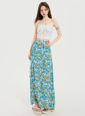 KRO夏日度假风蓝色碎花绑带半身长裙女抽褶修身抹胸上衣时尚套装