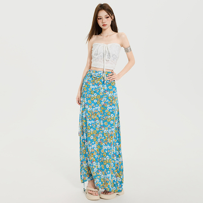 KRO夏日度假风蓝色碎花绑带半身长裙女抽褶修身抹胸上衣时尚套装