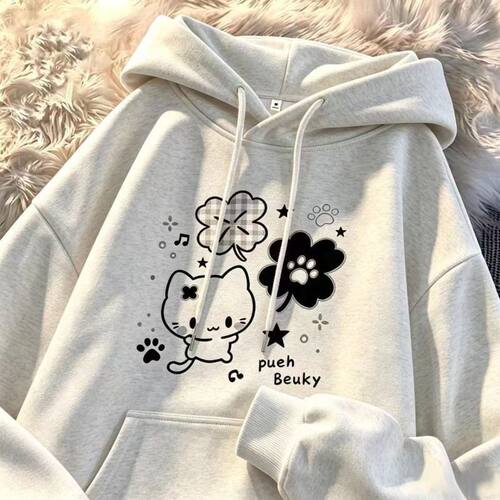 男女童秋冬日系猫咪连帽卫衣中大童可爱初中生慵懒风加绒帽衫上衣
