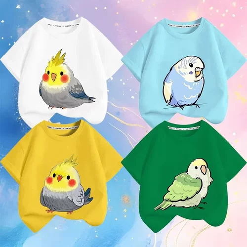 玄凤鹦鹉卡通小鸟印花短袖男女儿童夏季可爱日系休闲百搭T恤衣服