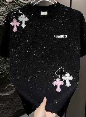 夏天纯棉满天星t恤中大童宽松圆领短袖印花百搭潮流体恤汗衫上衣