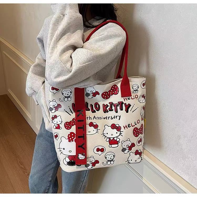 thumbnail for New kitty canvas shoulder bag, college student class tutoring bag, commuting to work, versatile hand-held bag