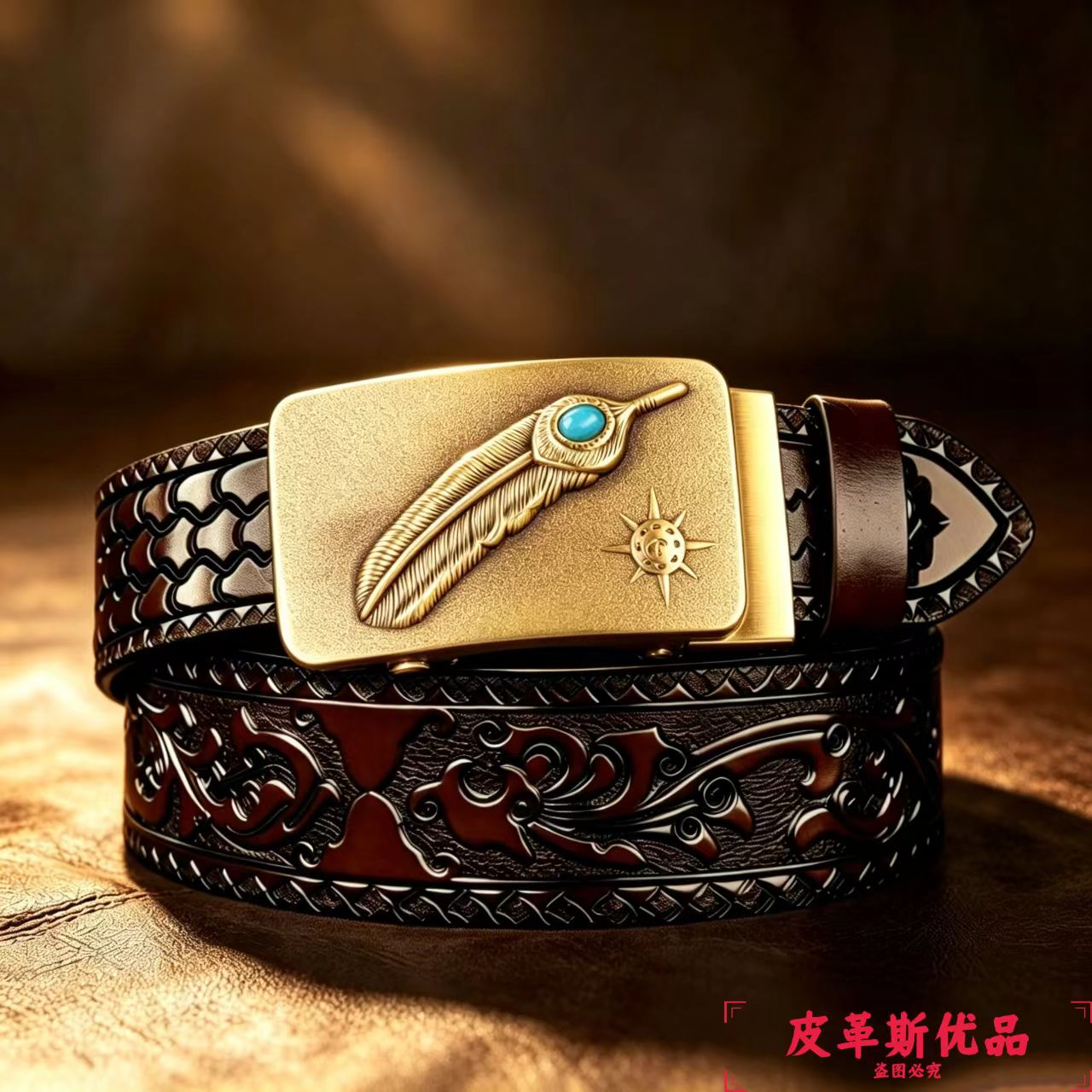 中国风男士真皮腰带复古宝石纹雕花黄铜自动扣霸气皮带外穿裤腰带