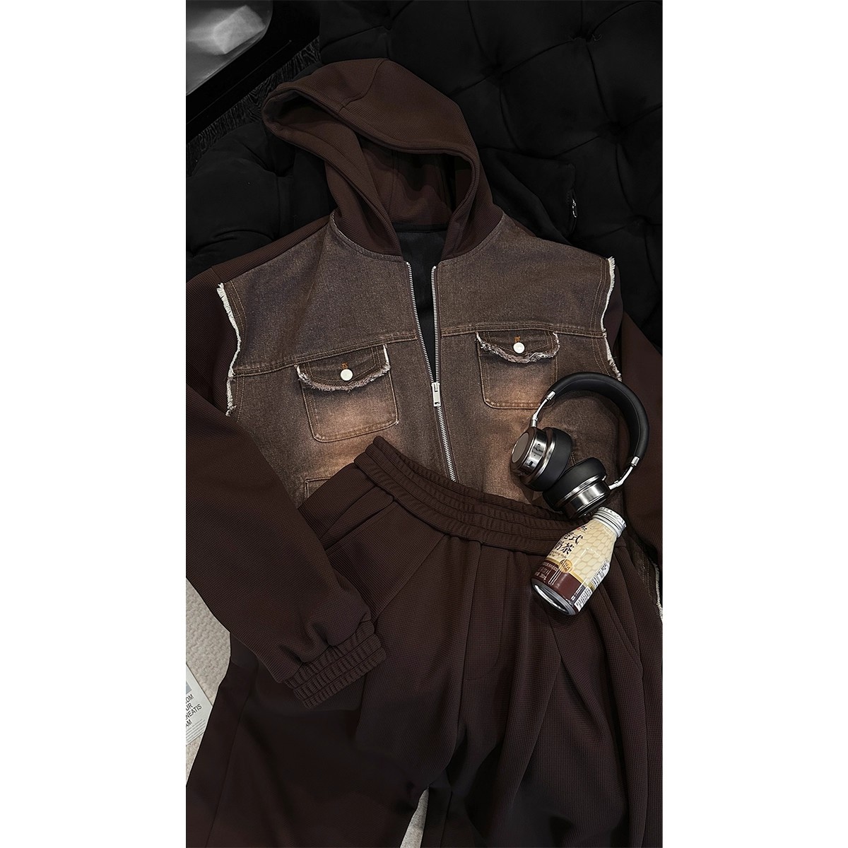 龙刀刀秋季新品小众设计款拼接毛边连帽牛仔夹克外套长裤套装潮男