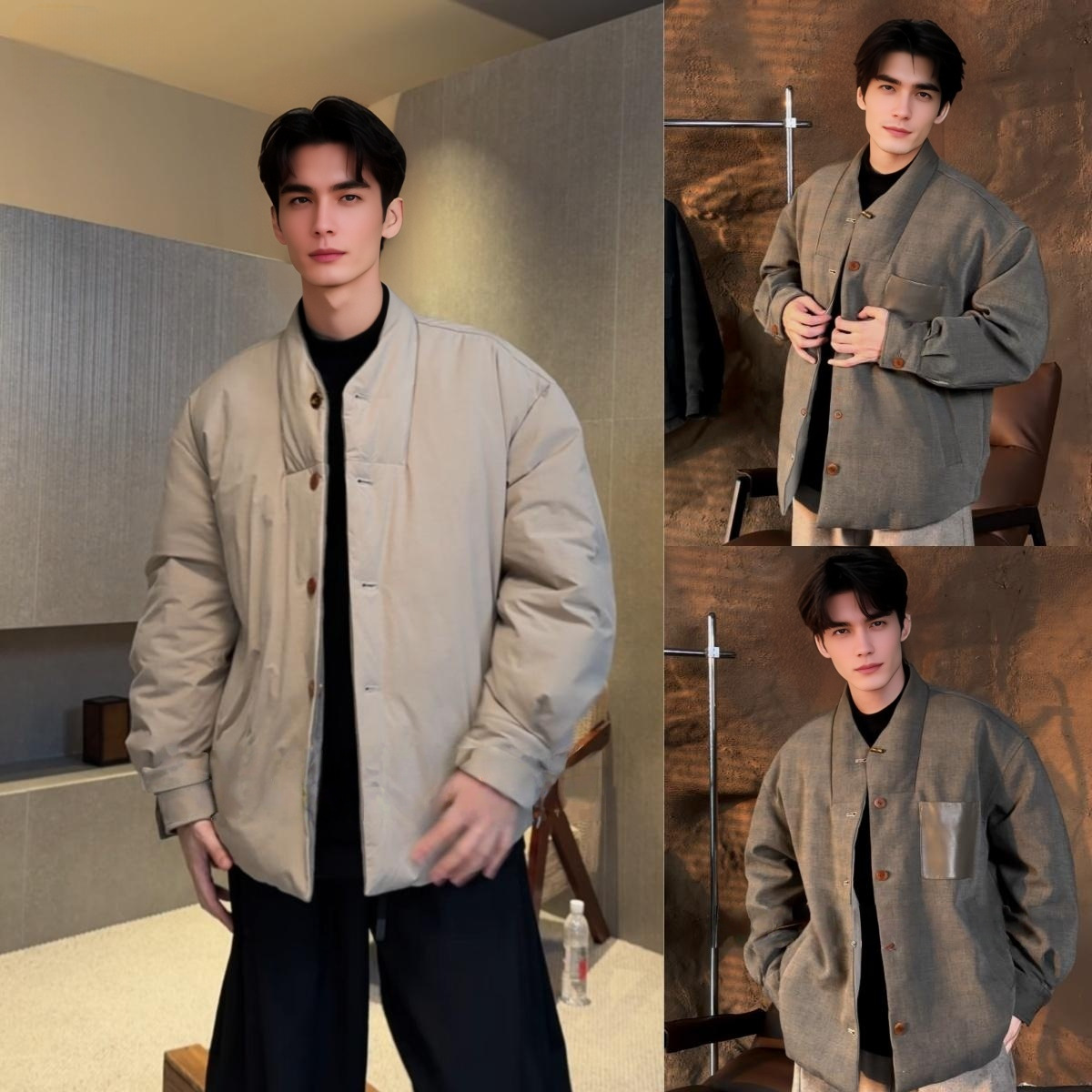 【南哥直播款】许你耀眼·双面穿拼皮仿花纱肌理道袍夹克男