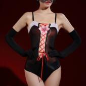 蕾丝吊带油光泳衣拼色系带性感马油连体丝袜比基尼泳装 女镂空绑带