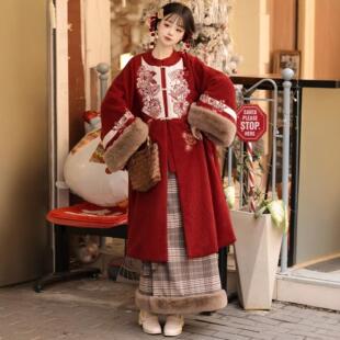 原创汉服女【暖洋洋】明制加绒改良外套新中式红色拜年服套装冬款