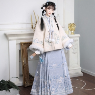 原创汉服女【冬日熊熊】明制加绒加厚披袄比甲马面裙套装冬季款